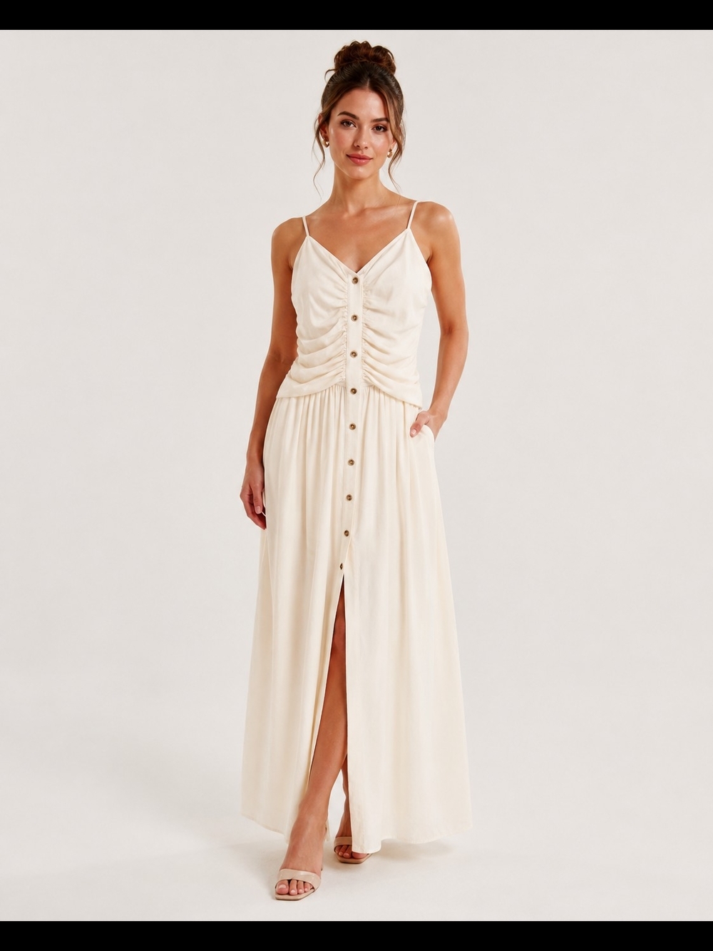 Future Collective Women's Ruched Spaghetti-Strap Cream Maxi Dress Size L